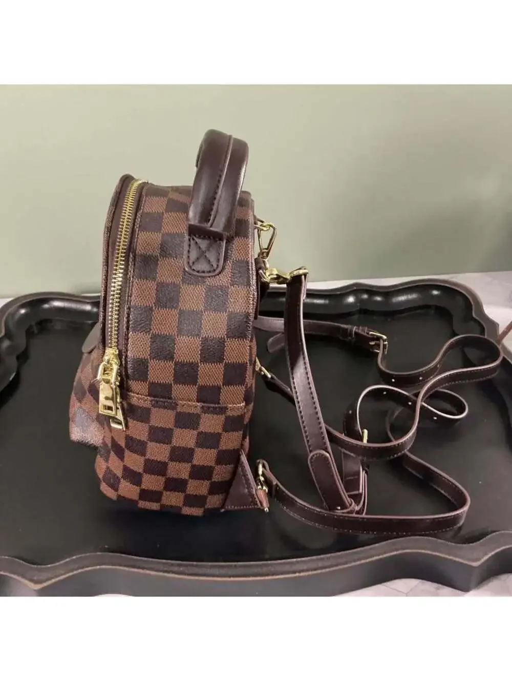 Brown/black checkered mini backpack ￼w/matching coin pouch￼